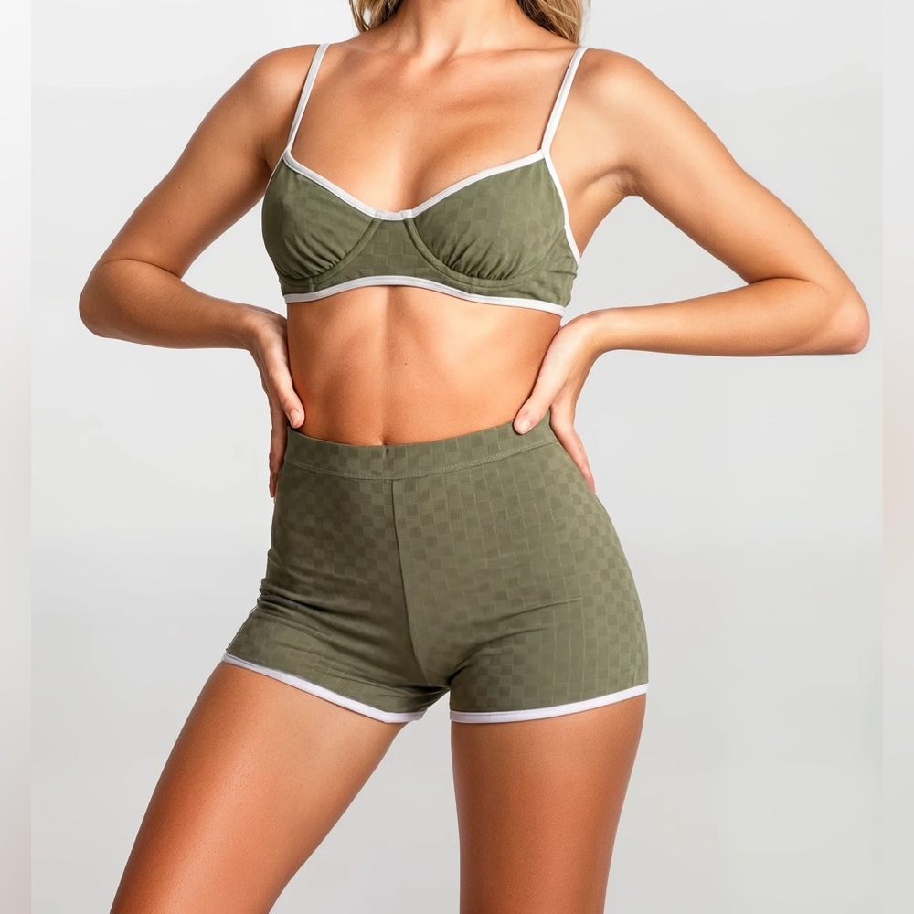 acacia swimwear Olive Green Ribbed Bikini Top & High-Waist Shorts Set